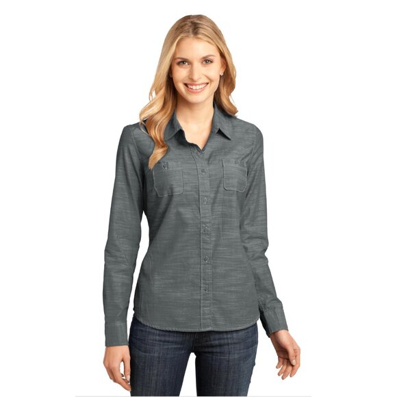 District Made Long Sleeve Washed Woven Workshirt, L, Grey - Picture 1 of 13